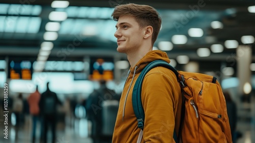 Adventurous Traveler at the Airport: A young man with a backpack, ready for his journey, smiles expectantly in a bustling airport terminal. photo