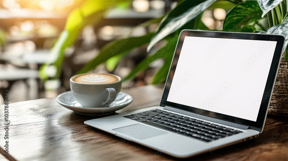 Laptop and Coffee at Cafe: A serene workspace with a laptop displaying a blank screen, accompanied by a steaming cup of latte art coffee on a rustic wooden table in a cafe setting. Laptop and Coffee at Cafe: A serene workspace with a laptop displaying a blank screen, accompanied by a steaming cup of latte art coffee on a rustic wooden table in a cafe setting.