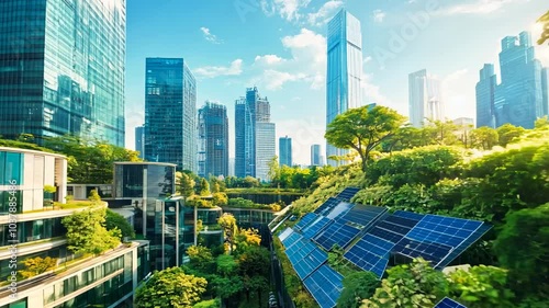 Exploring a sustainable urban landscape with greenery and solar panels in a modern city