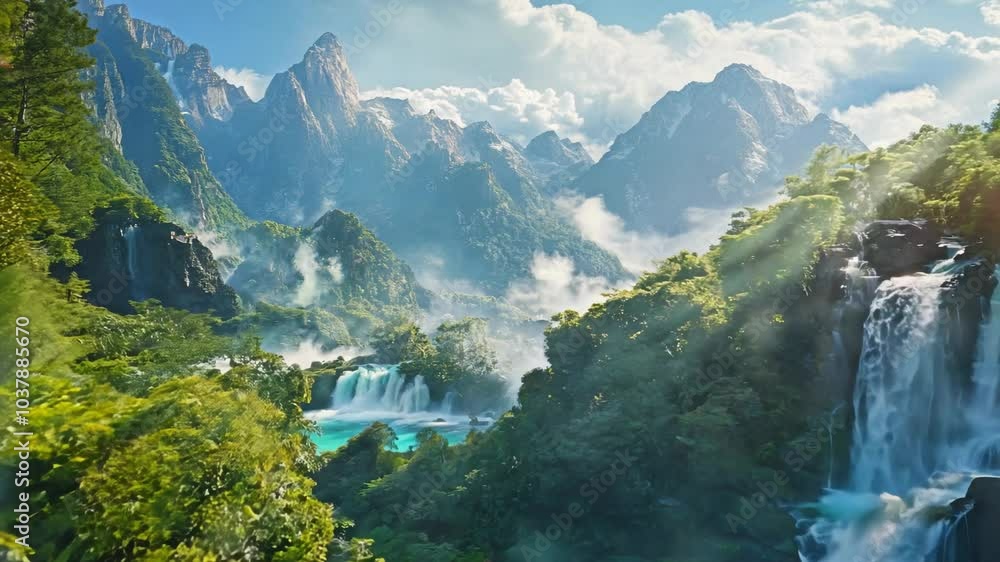 Breathtaking waterfall cascading through lush mountains in the morning light Breathtaking waterfall cascading through lush mountains in the morning light