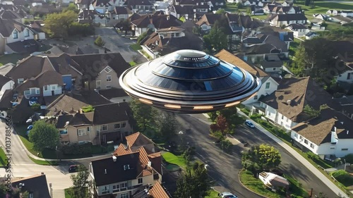 A UFO hovers over a suburban neighborhood during the evening hours
