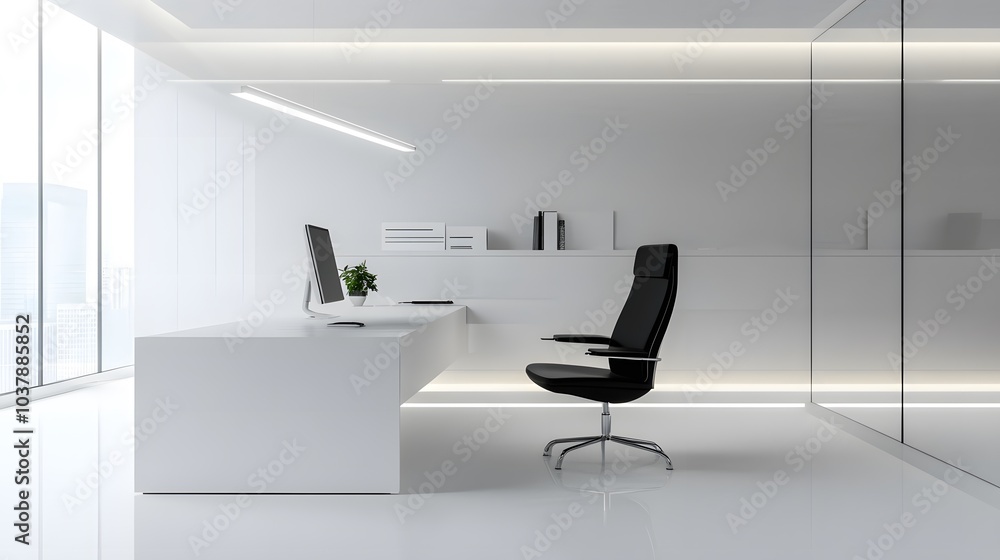 3. Modern minimalist office with a sleek black chair and white desk 3. Modern minimalist office with a sleek black chair and white desk