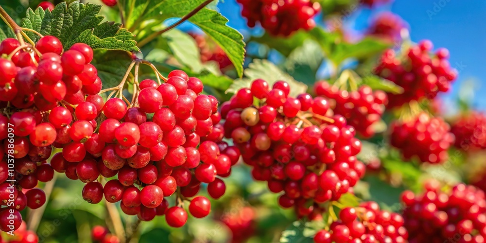 description: Ripe bright red viburnum berries on a wide-angle shot description: Ripe bright red viburnum berries on a wide-angle shot
