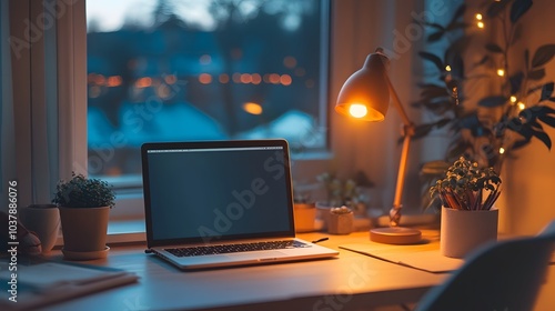 Wallpaper Mural 16. Clean desk setup with a small lamp and laptop in a well-lit room Torontodigital.ca