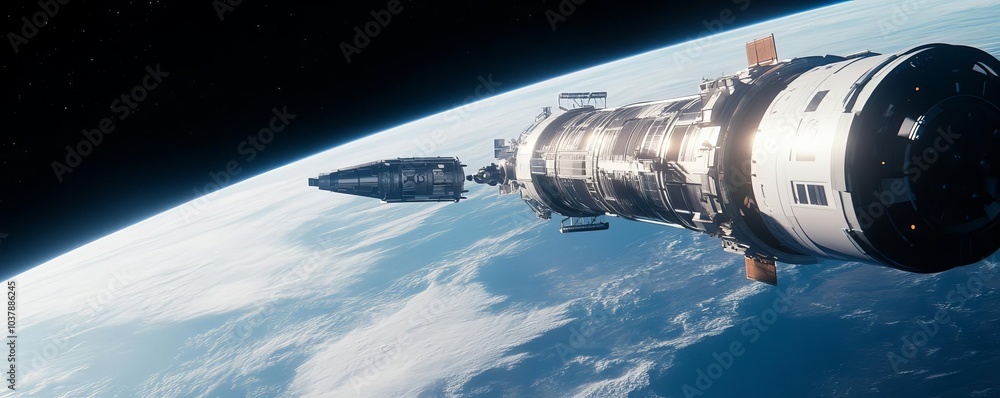 Fototapeta premium Autonomous spacecraft docking at a futuristic space station, sci-fi innovation in space travel