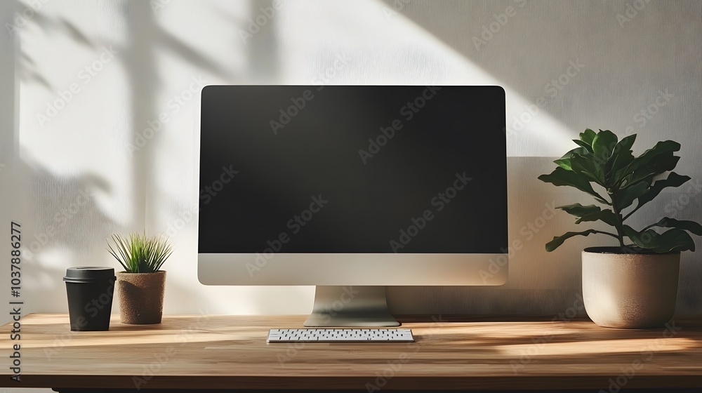 21. Minimalist wooden desk with a computer and a small indoor plant 21. Minimalist wooden desk with a computer and a small indoor plant