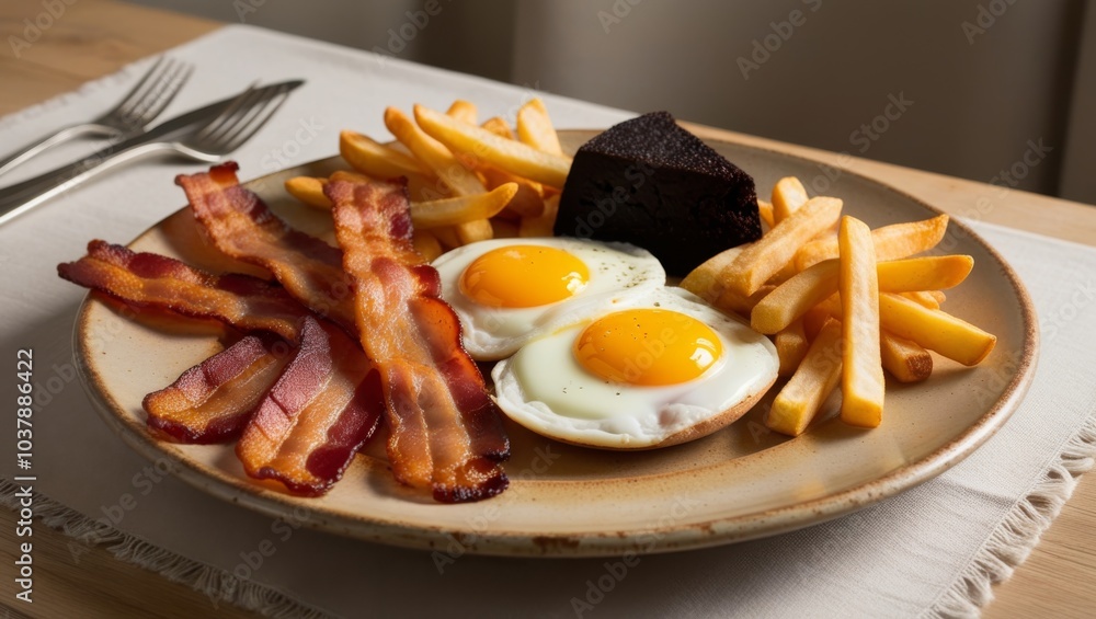 Hearty all day breakfast featuring crispy bacon, eggs, black pudding, and golden fries on a plate Hearty all day breakfast featuring crispy bacon, eggs, black pudding, and golden fries on a plate