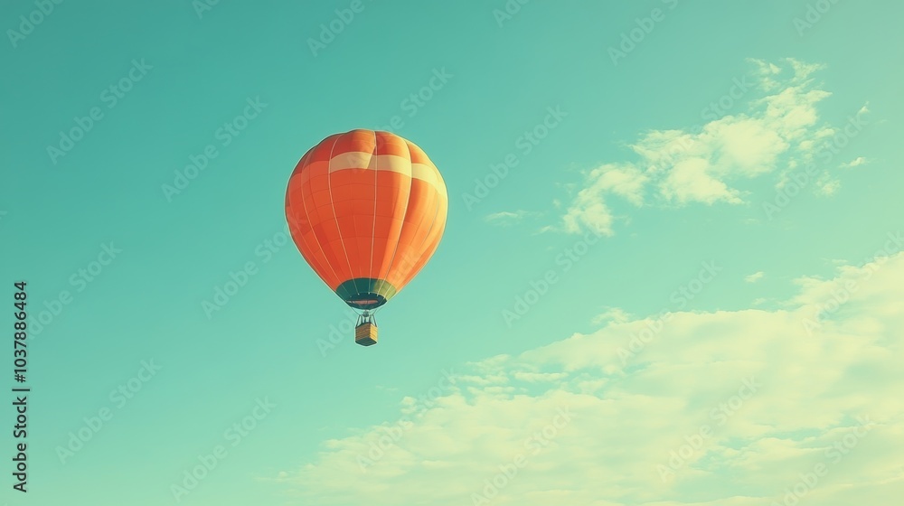 Fototapeta premium Hot Air Balloon Soaring Through a Blue Sky with White Clouds