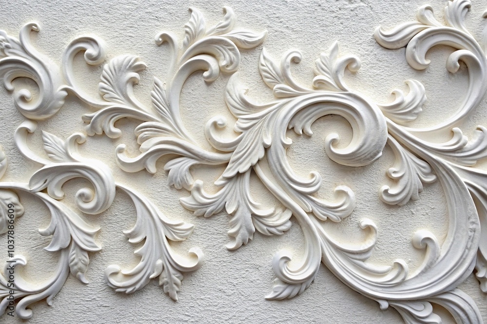 Close-up of white wall with stucco decorative curls Close-up of white wall with stucco decorative curls