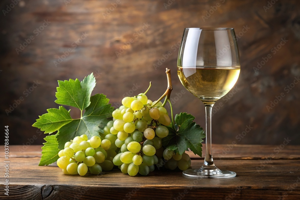 Fototapeta premium Close-up of white wine in a glass with grapes and grape branches on the table