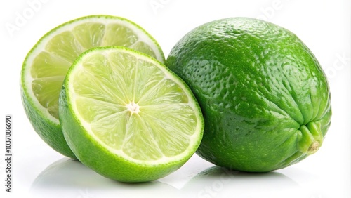 Close-up of whole and half lime fruit isolated on white background