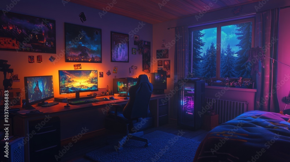 Digital 3D night interior of a gamers room, with RGB highlights around the desk and subtle lighting around the be Digital 3D night interior of a gamers room, with RGB highlights around the desk and subtle lighting around the be