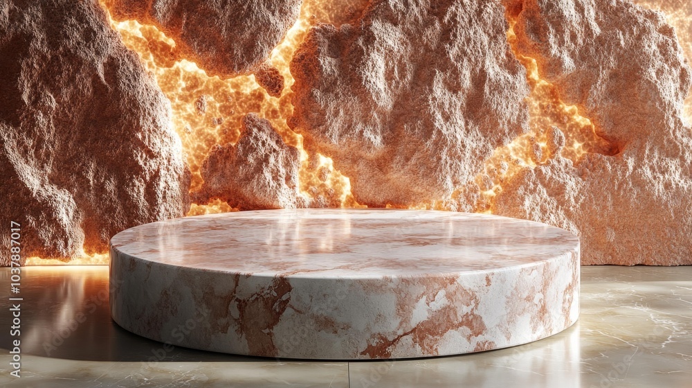 Fototapeta premium Terrazzo Marble Podium with a Rose Gold Background and a Textured Stone Wall Perfect for Luxury Product Display. Generative AI