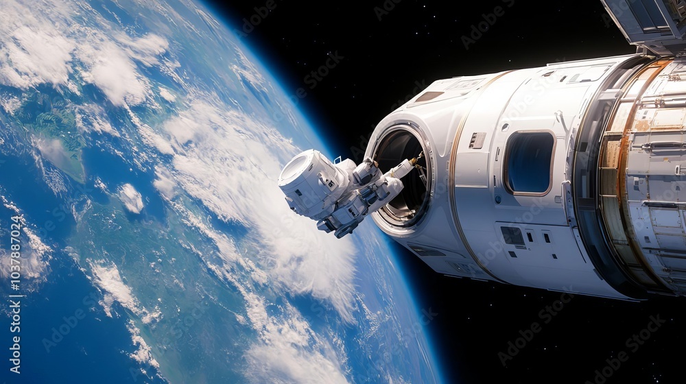 Fototapeta premium Floating robotic assistant repairing a space station exterior, Earth in the background, sci innovation, space repair technology