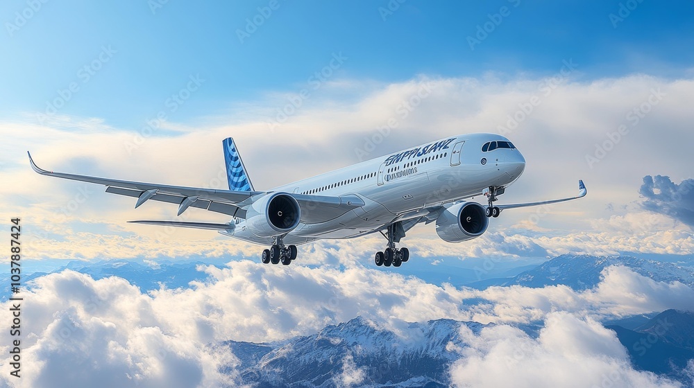 White and Blue Airplane Flying Above the Clouds Against a Clear Sky Aerial View. Generative AI White and Blue Airplane Flying Above the Clouds Against a Clear Sky Aerial View. Generative AI
