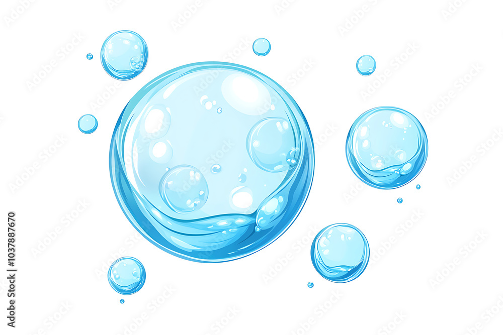 A collection of blue water bubbles on a white background, illustrating cleanliness and freshness. A collection of blue water bubbles on a white background, illustrating cleanliness and freshness.