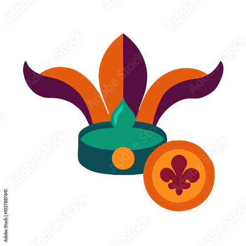 Colorful abstract decorative badge with floral emblem and crown elements