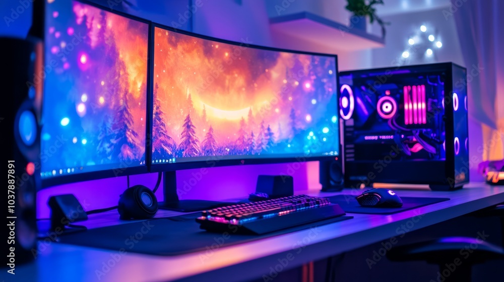 Generative AI illustration of a next-gen gaming setup with curved screens, an RGB mouse, and soft neon underglow Generative AI illustration of a next-gen gaming setup with curved screens, an RGB mouse, and soft neon underglow