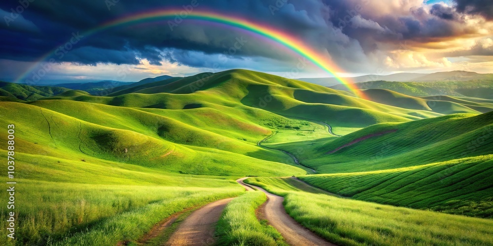 Obraz premium Colorful rolling green hills with a rainbow and a path in a Depth of Field