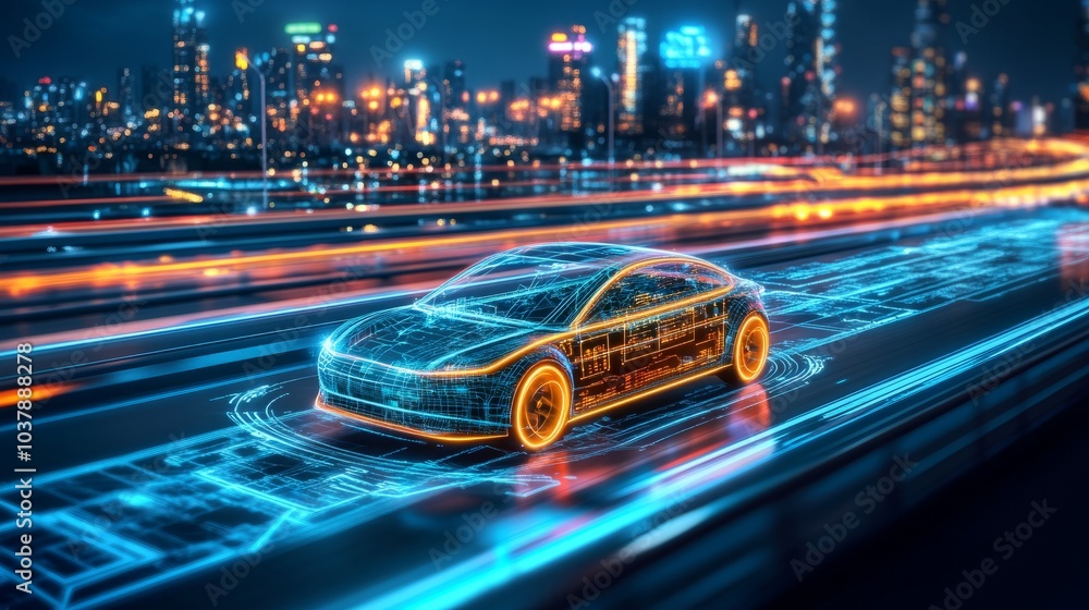 High-speed autonomous car on a smart highway, floating displays showing navigation, speed, and AI feedback, all framed by neon city lights High-speed autonomous car on a smart highway, floating displays showing navigation, speed, and AI feedback, all framed by neon city lights