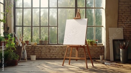 Blank Canvas, Endless Possibilities: A wooden easel stands tall in a sunlit artist's studio, a blank canvas bathed in warm light, ready to be transformed into a masterpiece. photo