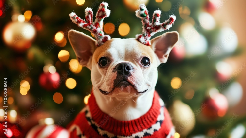 cute dog wearing reindeer antlers and a Christmas sweater, sitting by the tree cute dog wearing reindeer antlers and a Christmas sweater, sitting by the tree