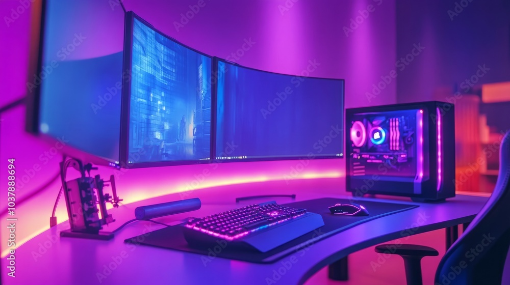 Immersive gaming desk setup featuring curved displays, a glowing RGB mouse, and a sleek minimal design, rendered in AI Immersive gaming desk setup featuring curved displays, a glowing RGB mouse, and a sleek minimal design, rendered in AI