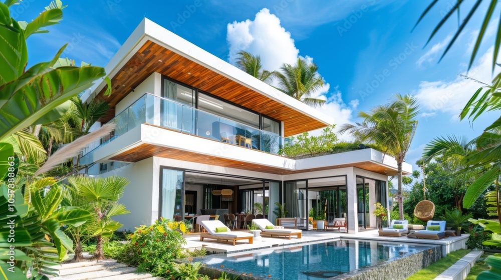 Fototapeta premium Modern Villa with Pool and Tropical Landscaping
