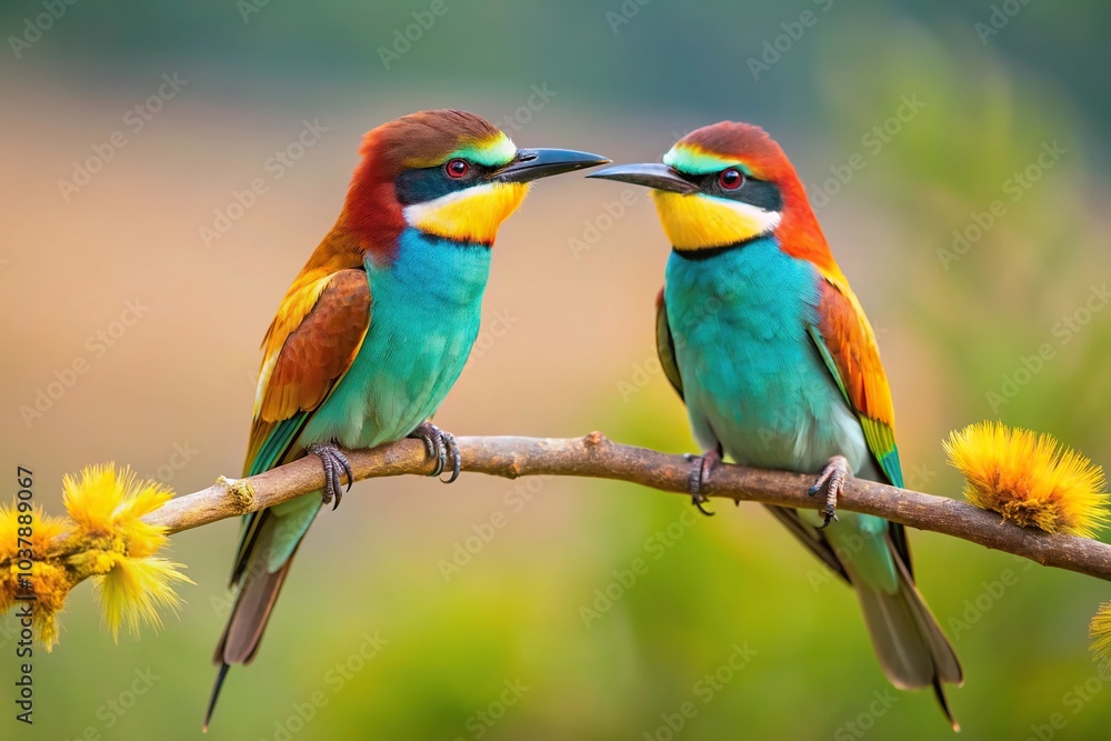 Fototapeta premium Close-Up Pair of Bee Eaters on Courtship Branch in Full Rutting Season