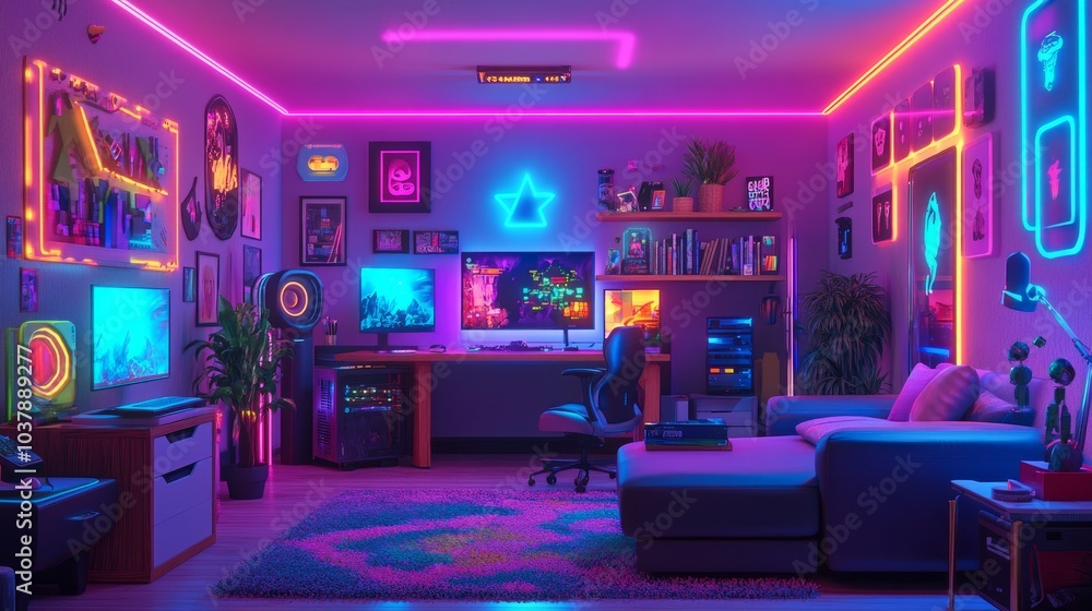 Nighttime 3D-rendered gaming room with vibrant neon hues, a professional setup, and cozy decorations for a relaxed feel Nighttime 3D-rendered gaming room with vibrant neon hues, a professional setup, and cozy decorations for a relaxed feel