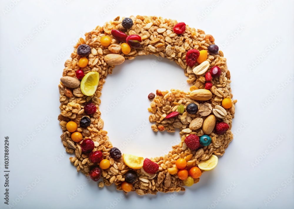Crafted from oats, nuts, and dried fruits, this letter G on a clean white background offers a unique Crafted from oats, nuts, and dried fruits, this letter G on a clean white background offers a unique