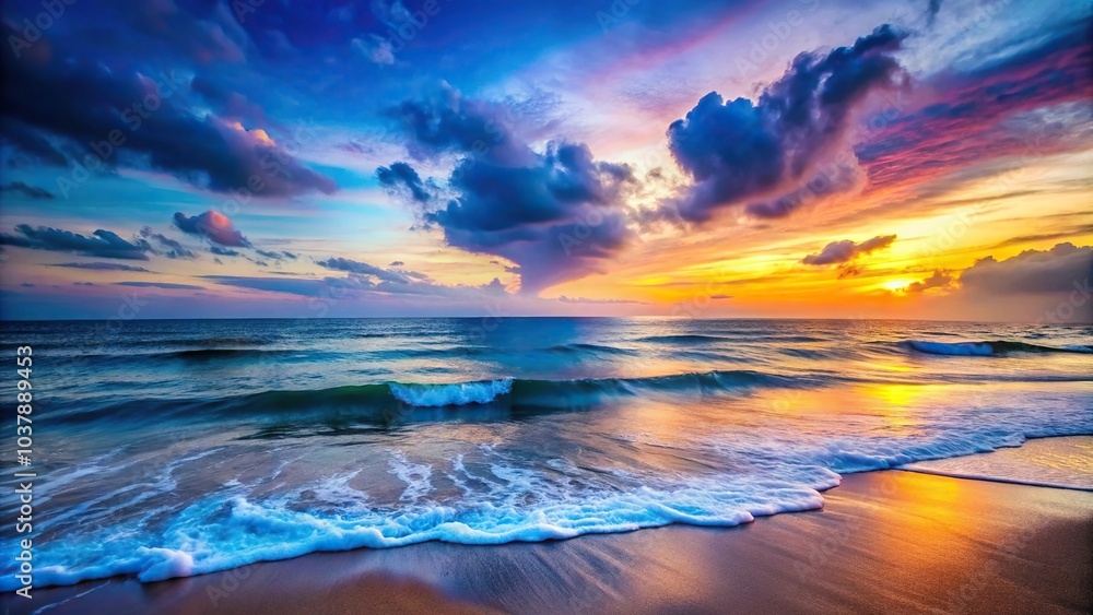 Fototapeta premium Close-Up Peaceful Seascape at Blue Hour with Waves Crashing on Shore and Colorful Sky