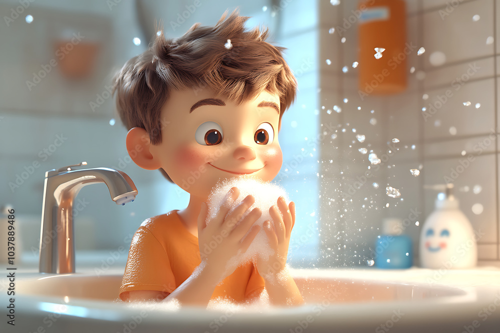 A cheerful boy playing with bubbles in a bath, enjoying a fun and playful moment. A cheerful boy playing with bubbles in a bath, enjoying a fun and playful moment.