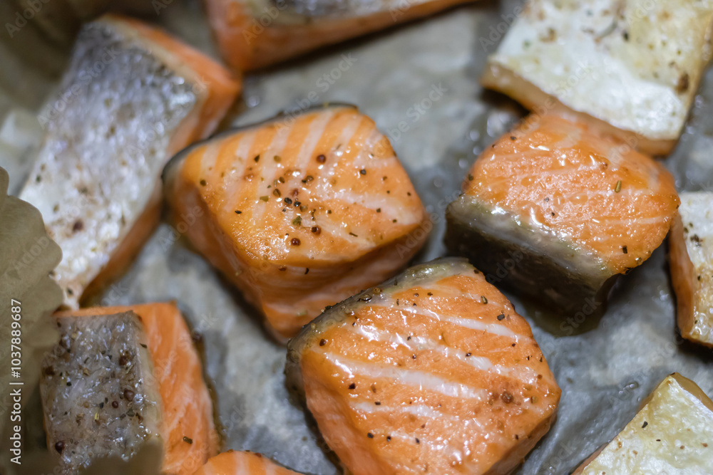 Air fryer lemon pepper salmon in parchment paper. Tasty cooked salmon steak, healthy and easy meals. Air fryer lemon pepper salmon in parchment paper. Tasty cooked salmon steak, healthy and easy meals.