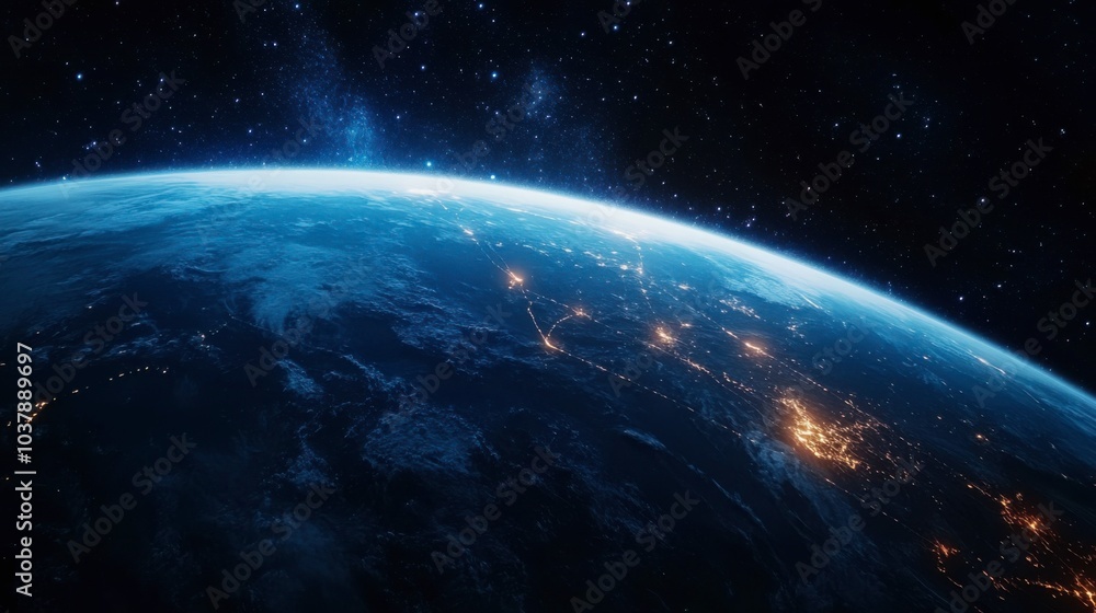 Fototapeta premium Night planet earth from space with light lines of communication and connection. Business and finance, concept. Global communications system and the World Wide Web. Technologies and communications.