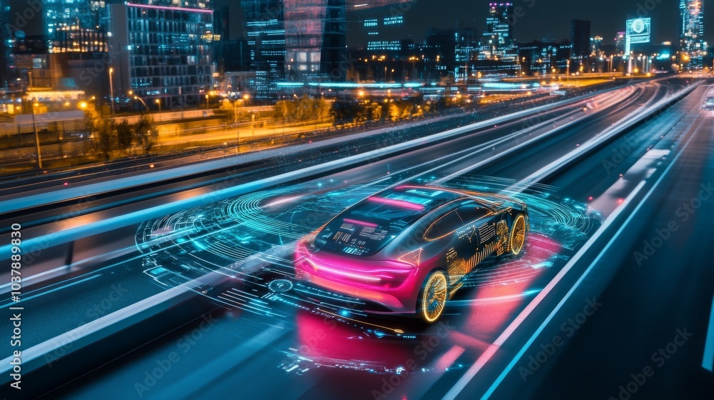 Urban night scene featuring a sleek autonomous car on a smart highway, with colorful holograms floating above, providing navigation and speed data Urban night scene featuring a sleek autonomous car on a smart highway, with colorful holograms floating above, providing navigation and speed data