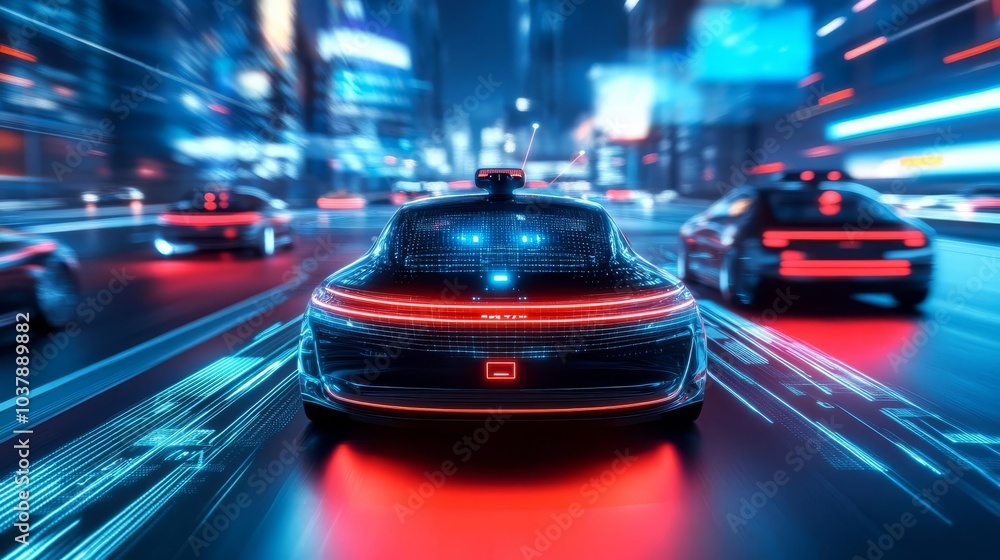 Fototapeta premium Self-driving cars in a futuristic city, communicating via AI networks, sci-fi innovation