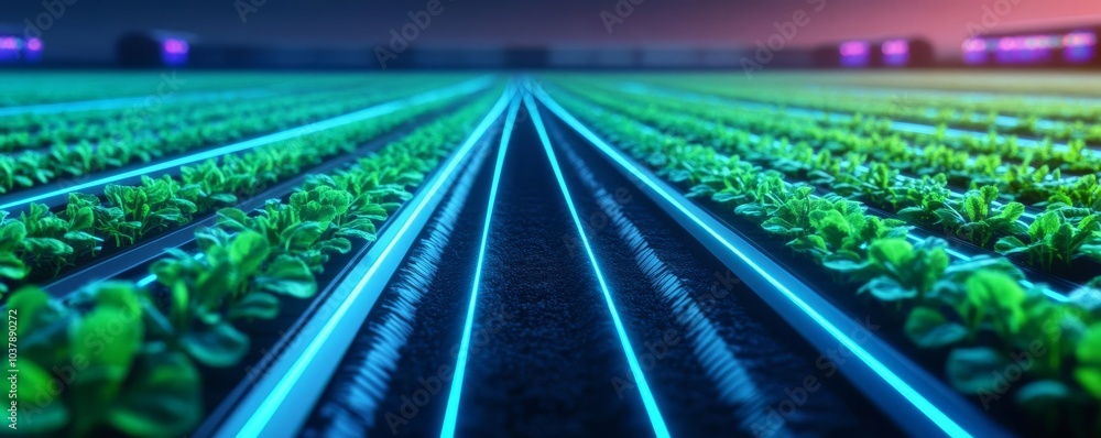Smart farming, holographic crop management, futuristic agriculture technology, neon glow, high-tech fields Smart farming, holographic crop management, futuristic agriculture technology, neon glow, high-tech fields