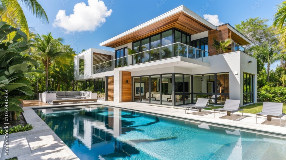 Fototapeta premium Modern Villa with Pool and Tropical Landscaping