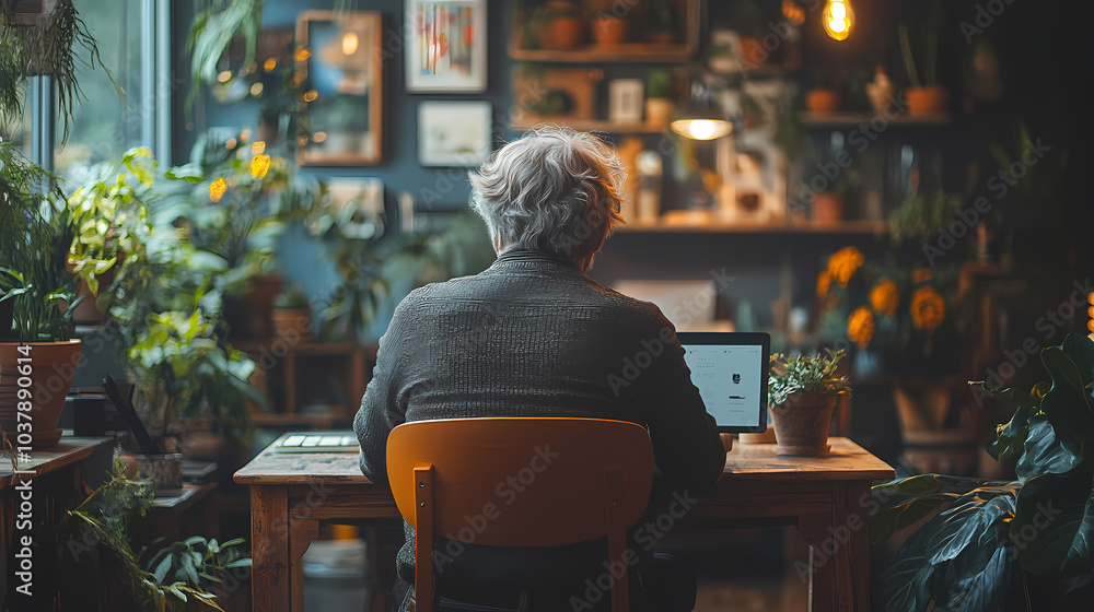 Naklejka premium View from the rear of a mature man sitting at a table in a new residence, using a tablet.