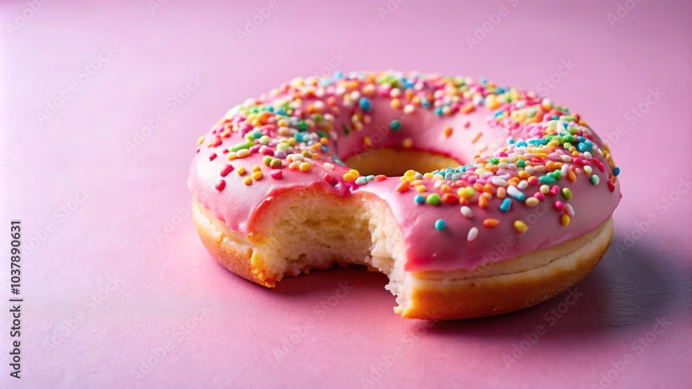 Close-up pink frosted donut with colorful sprinkles missing a bite Close-up pink frosted donut with colorful sprinkles missing a bite