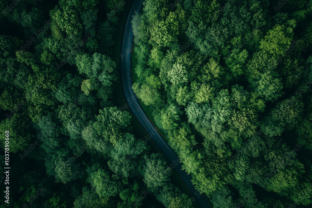 Aerial View of Winding Road Through Lush Green Forest Aerial View of Winding Road Through Lush Green Forest