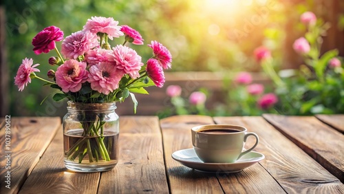 Wallpaper Mural Close-Up Pink flowers in a jar with a cup of coffee on a wooden table Torontodigital.ca