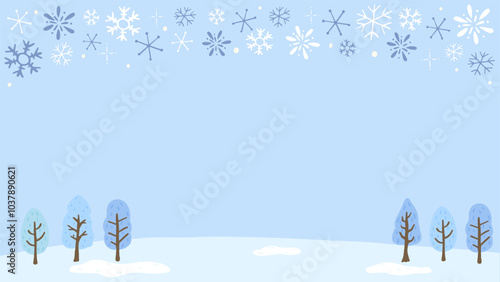 Snowing winter landscape background, snowflakes and trees, cute hand drawn illustration / 雪が降る冬の風景の背景、雪の結晶と樹木、かわいい手描きのイラスト