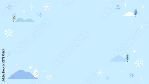 Snowing winter landscape background, snowflakes and trees, cute hand drawn illustration / 雪が降る冬の風景の背景、雪の結晶と樹木、かわいい手描きのイラスト