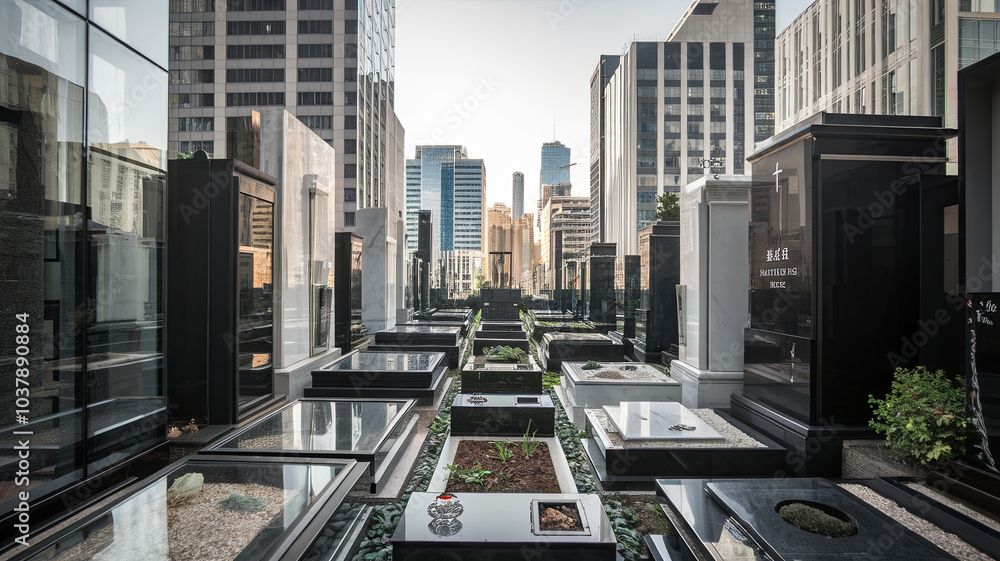 Fototapeta premium modern urban cemetery nestled between skyscrapers, showcasing sleek black tombstones and greenery. serene atmosphere contrasts with bustling city backdrop, evoking reflection and peace