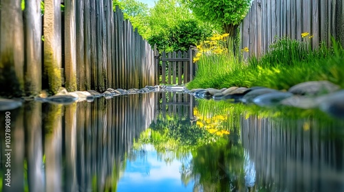 Backyard with standing water reflecting the surrounding trees and sky, capturing the serene beauty of nature's reflection and the tranquility of a still moment.