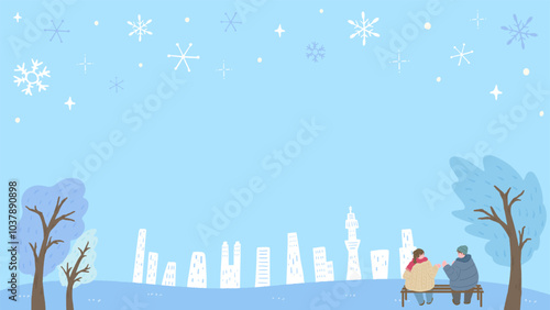 Snowing winter buildings and city background, smiling man and woman talking, cute hand drawn illustration / 雪が降る冬のビルと都会の背景、笑顔で話す男性と女性、かわいい手描きのイラスト