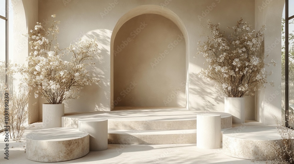 Minimalistic Cylindrical Podiums on Beige Background with Soft Lighting. Generative AI Minimalistic Cylindrical Podiums on Beige Background with Soft Lighting. Generative AI