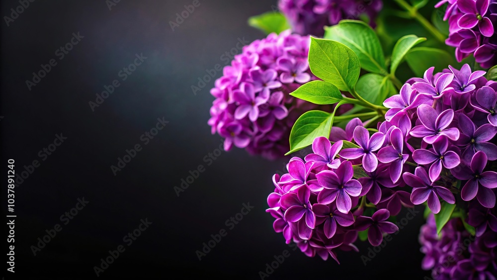 Close-Up Purple Flowers with Green Leaves on Black Background Close-Up Purple Flowers with Green Leaves on Black Background